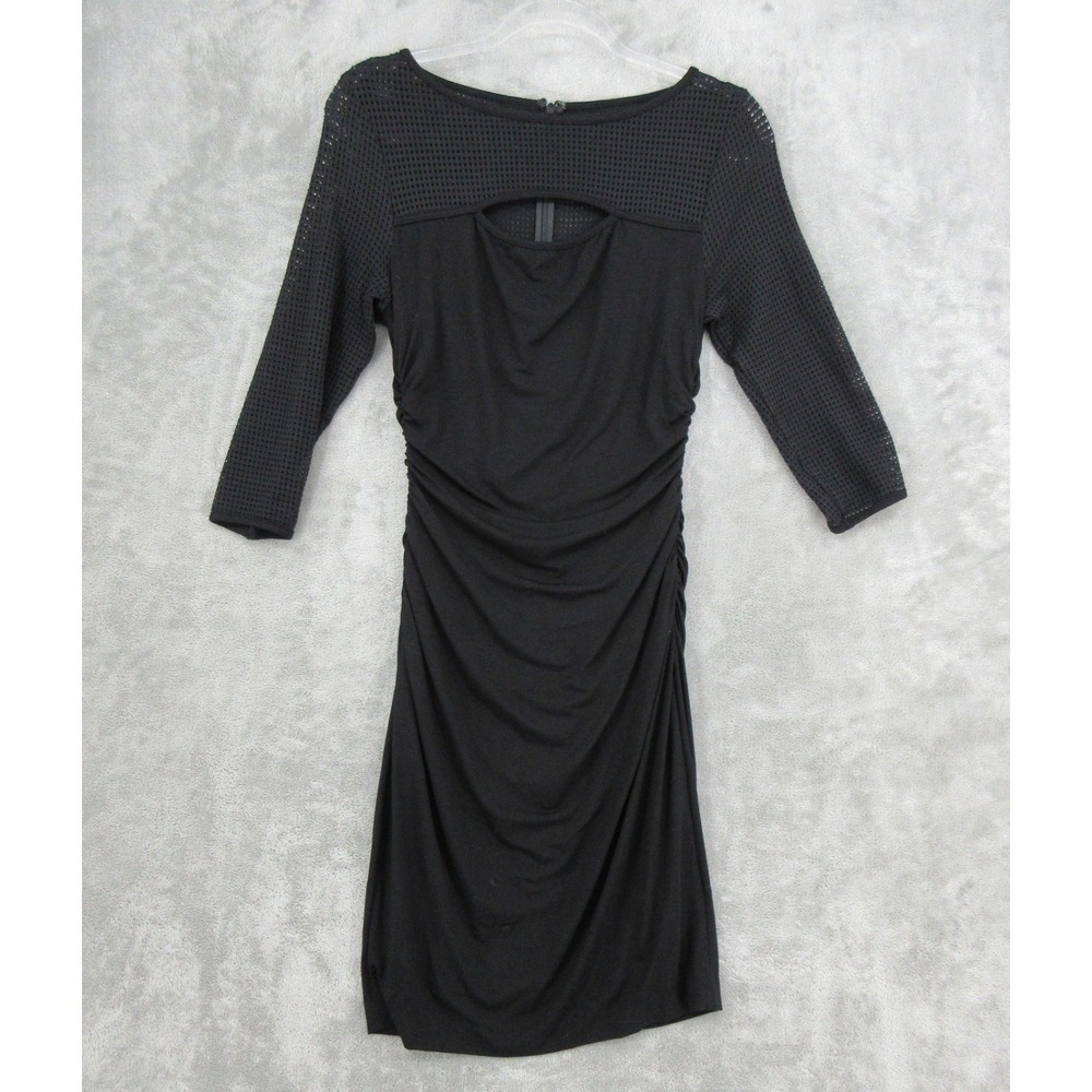 Vintage Cache Dress Womens Size S Ruched 90s Mesh Sleeve Keyhole Bodycon Black